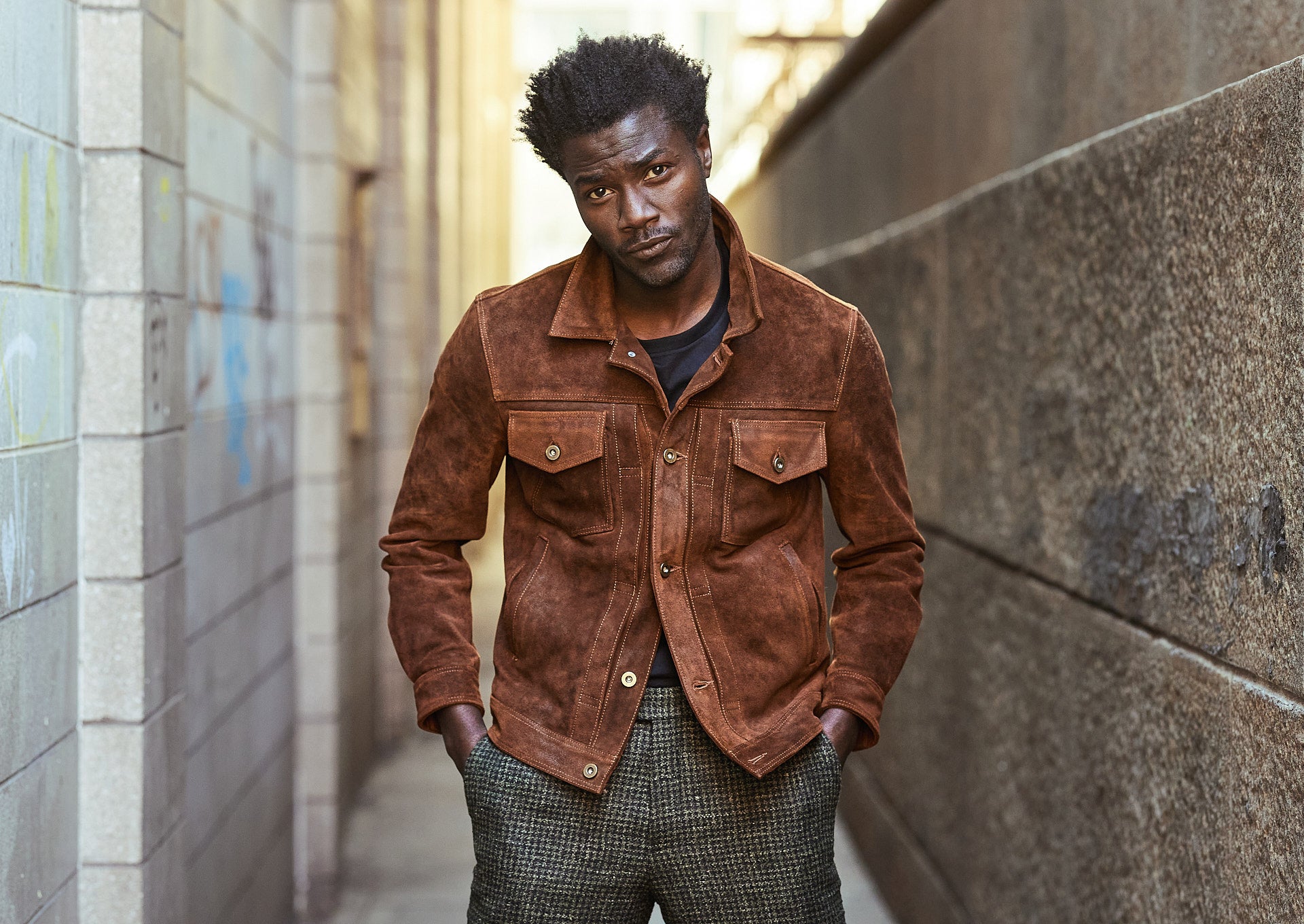 brown leather trucker jacket made with suede leather Satchel Page