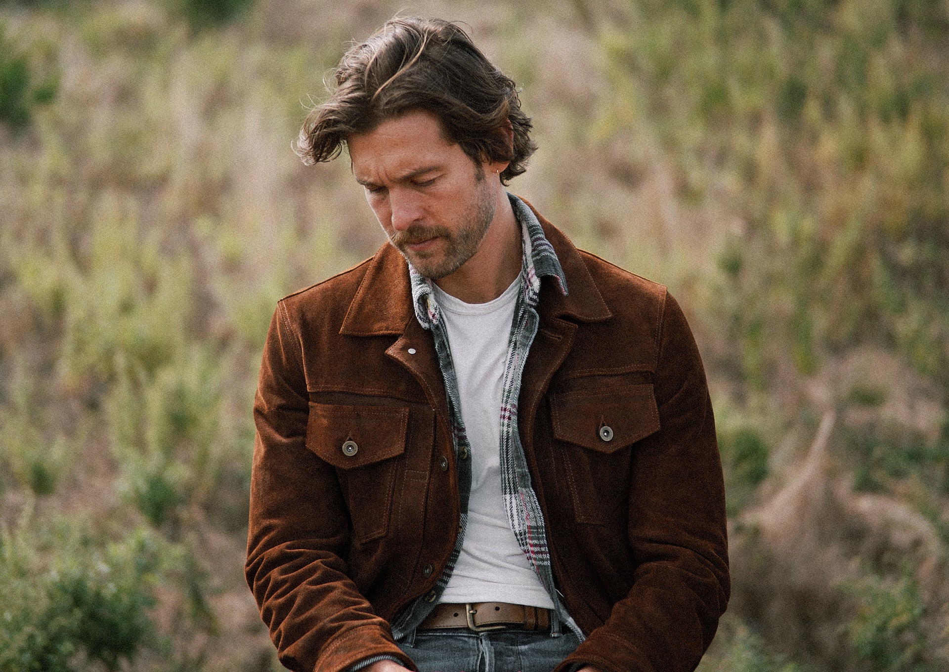 brown leather trucker jacket made with suede leather Satchel Page