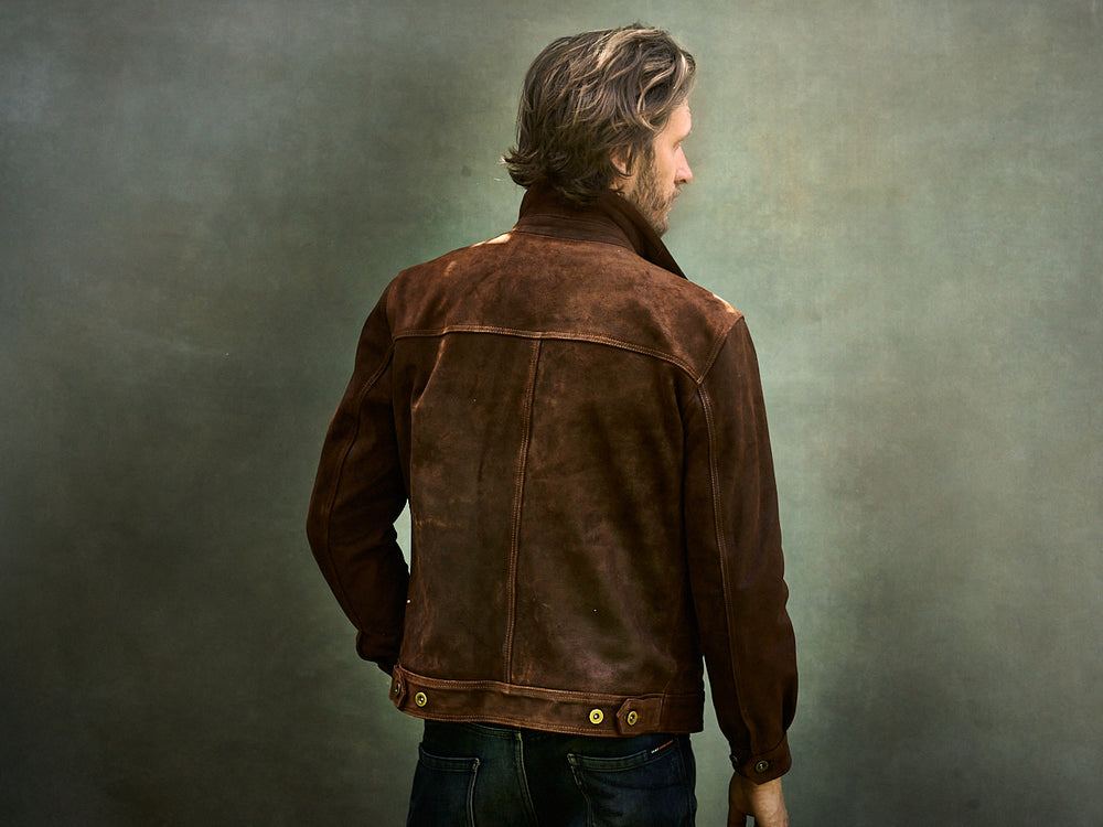 brown leather trucker jacket made with suede leather